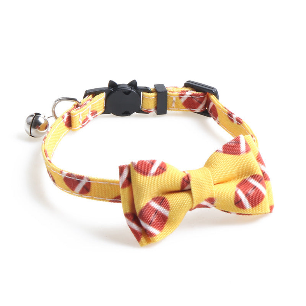 Mustard yellow football print cat collar with bow and bell
