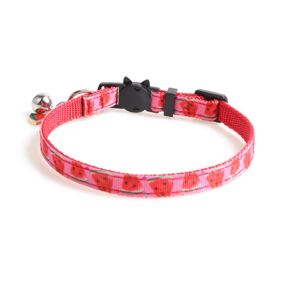 Red and pink watermelon-pattern cat collar with cat-face buckle, bell and watermelon charm