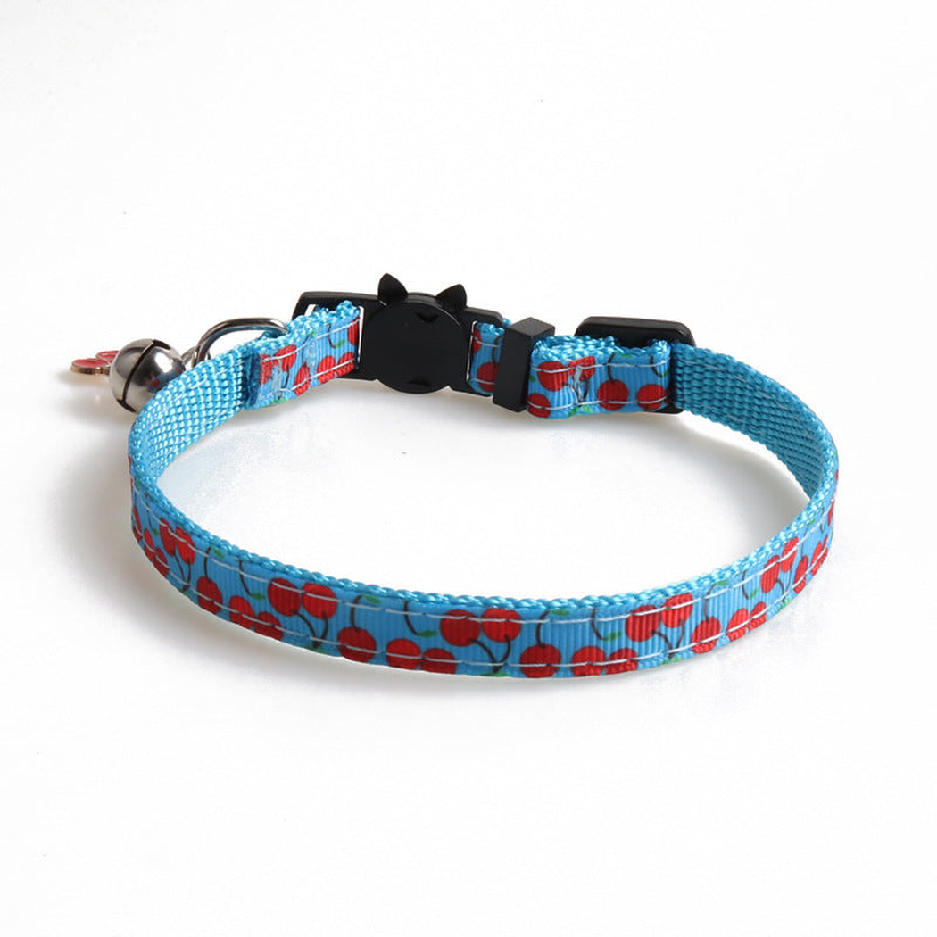 Light blue cherry-pattern cat collar with cat-face buckle, bell and cherry charm
