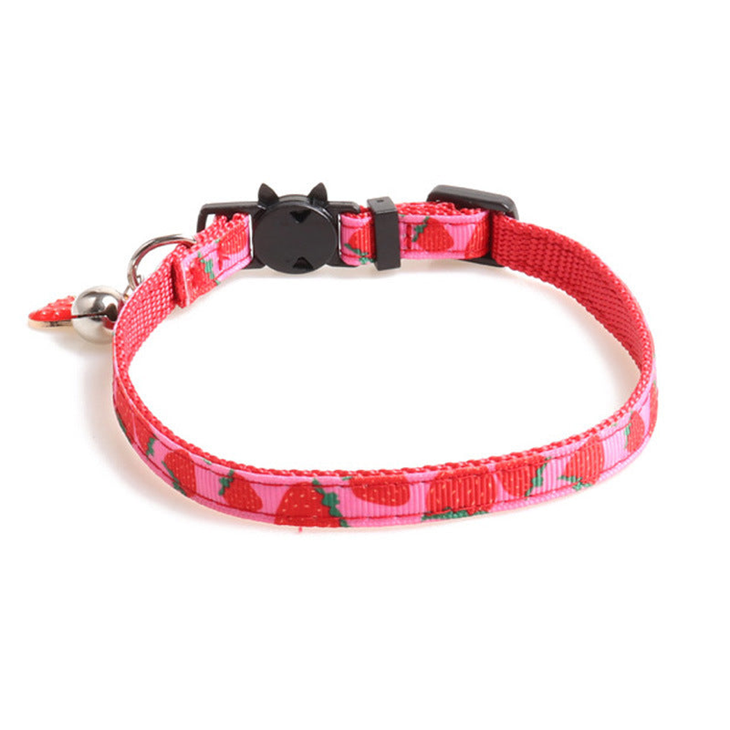 Pink strawberry-pattern cat collar with cat-face buckle, bell and strawberry charm