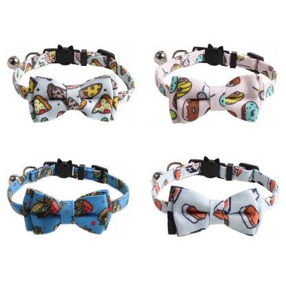 Four food-print bow cat collars displayed together