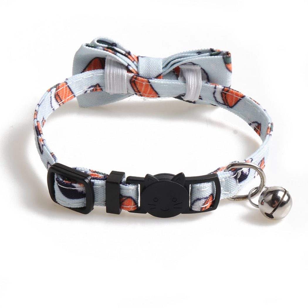 Light blue sushi-print bow cat collar with bell, D-ring and cat-face buckle