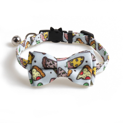 Light blue pizza-print cat collar with matching bow and bell