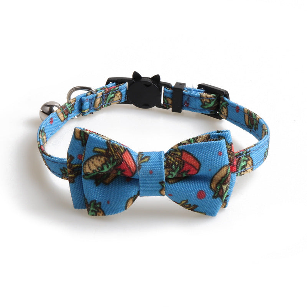 Blue burger-and-fries print cat collar with matching bow and bell