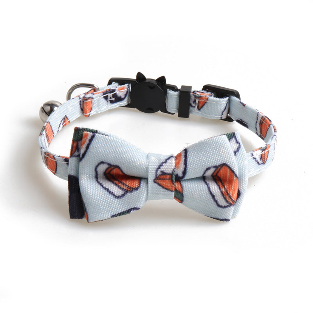 Light blue sushi-print cat collar with matching bow and bell