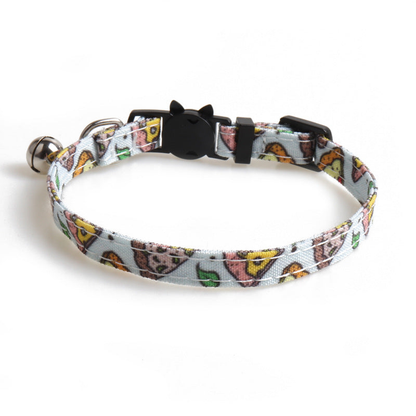 Light blue pizza-print cat collar with bell and cat-face buckle