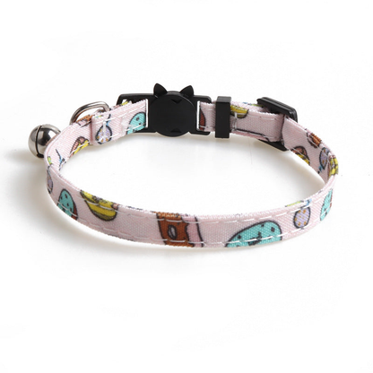 Pink dessert-print cat collar with bell and cat-face buckle