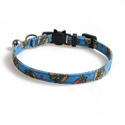 Blue burger-and-fries print cat collar with bell and cat-face buckle