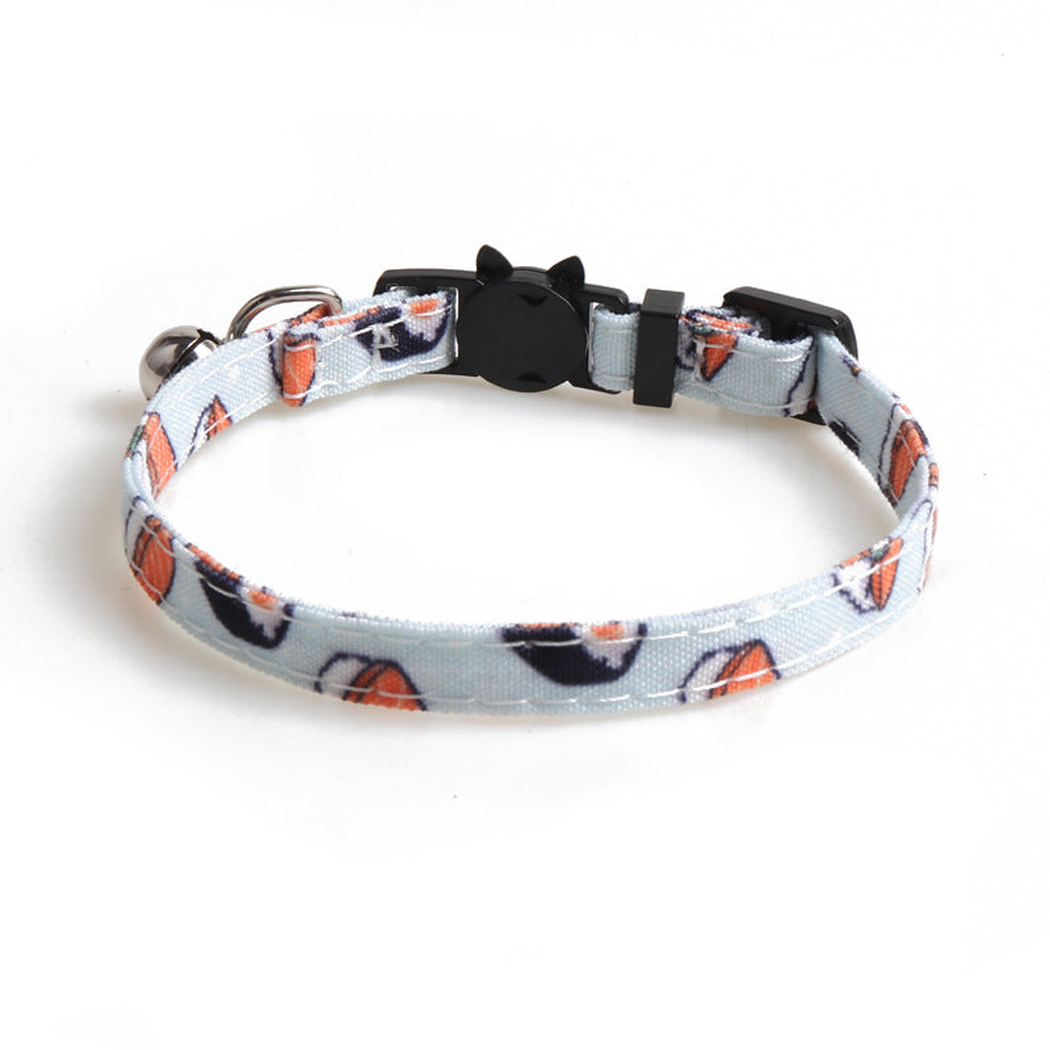 Light blue sushi-print cat collar with bell and cat-face buckle