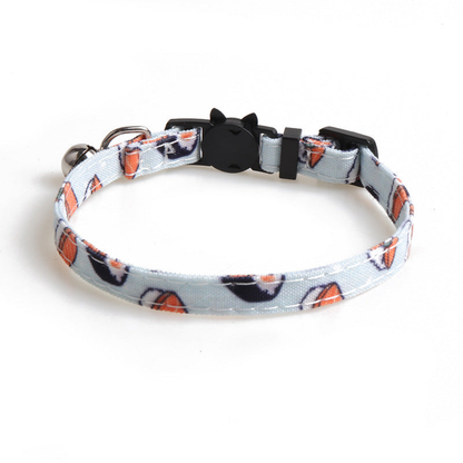 Light blue sushi-print cat collar with bell and cat-face buckle