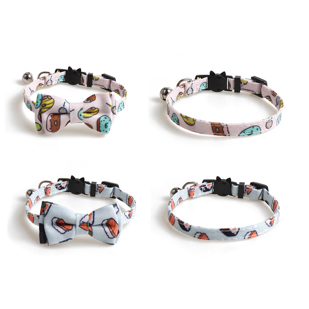 Pink dessert-print and light blue sushi-print cat collars shown with and without bows