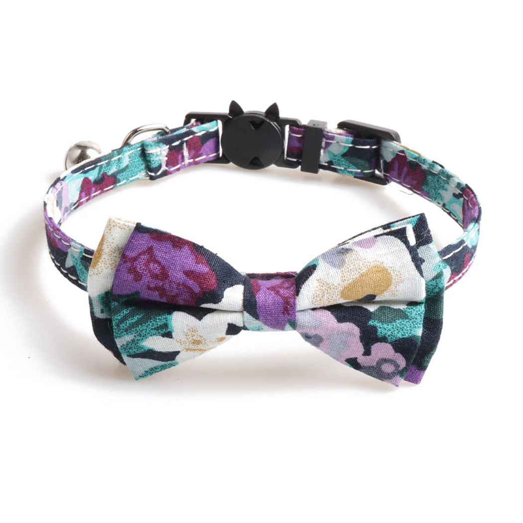 Purple, teal and white floral cat collar with matching bow