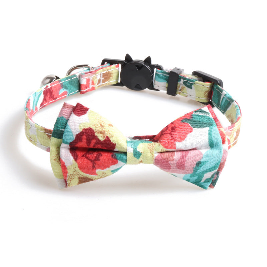 Red, pink and teal floral cat collar with matching bow