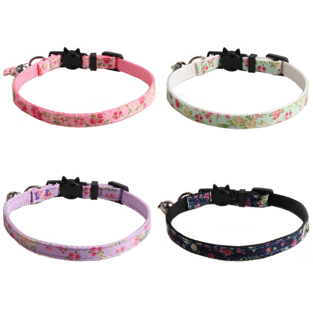 Four floral cat collars in pink, mint, light purple and navy