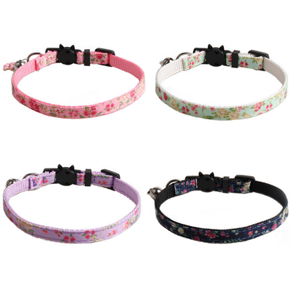 Four floral cat collars in pink, mint, light purple and navy