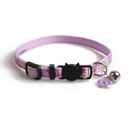Light purple floral cat collar with cat-face buckle, bell and flower charm