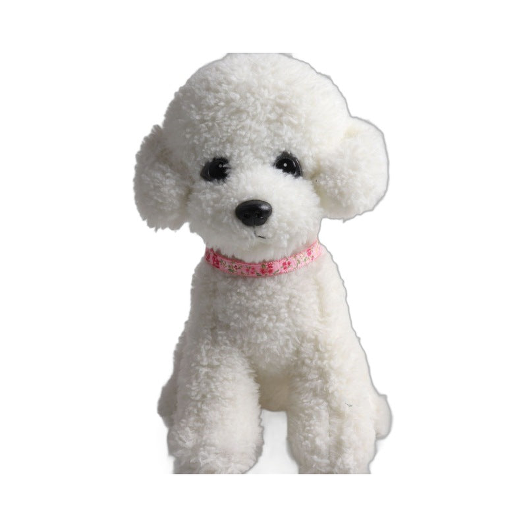 Pink floral cat collar displayed around the neck of a white dog model