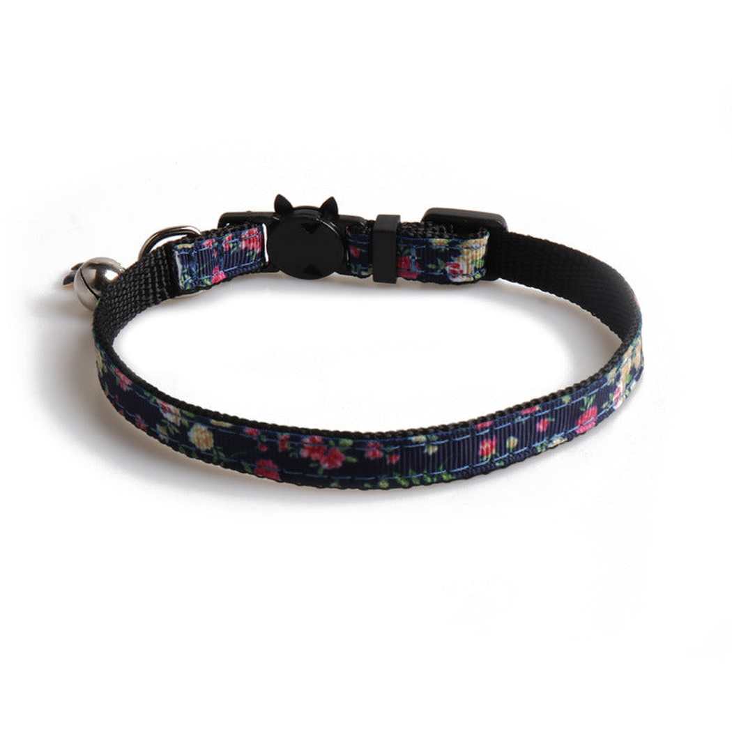 Navy floral cat collar with black cat-face buckle