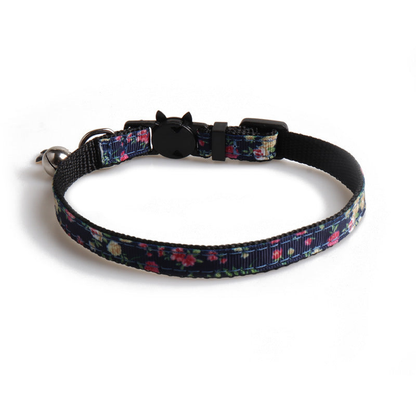 Navy floral cat collar with black cat-face buckle