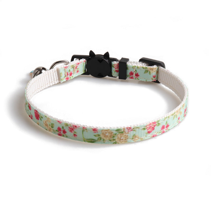 Mint floral cat collar with black cat-face buckle