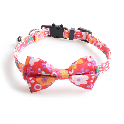 Red floral bow cat collar, front view