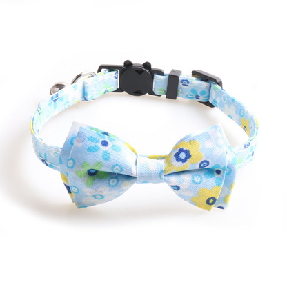 Light blue floral bow cat collar, front view