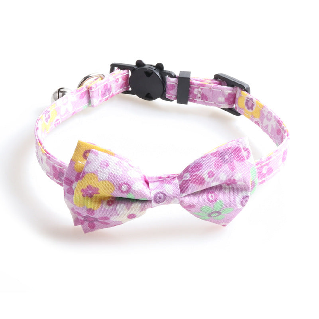 Light purple floral bow cat collar, front view