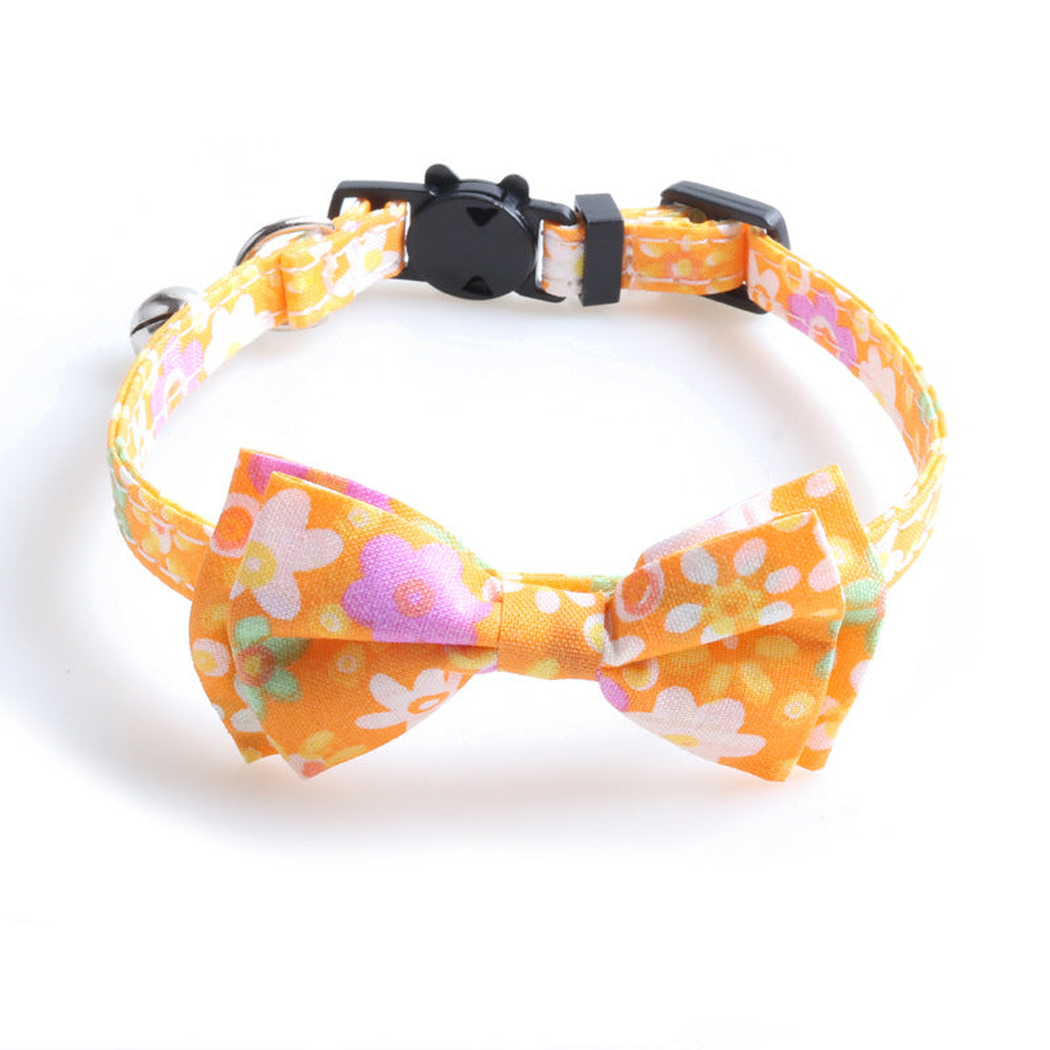Orange floral bow cat collar, front view