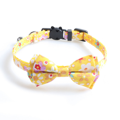 Yellow floral bow cat collar, front view