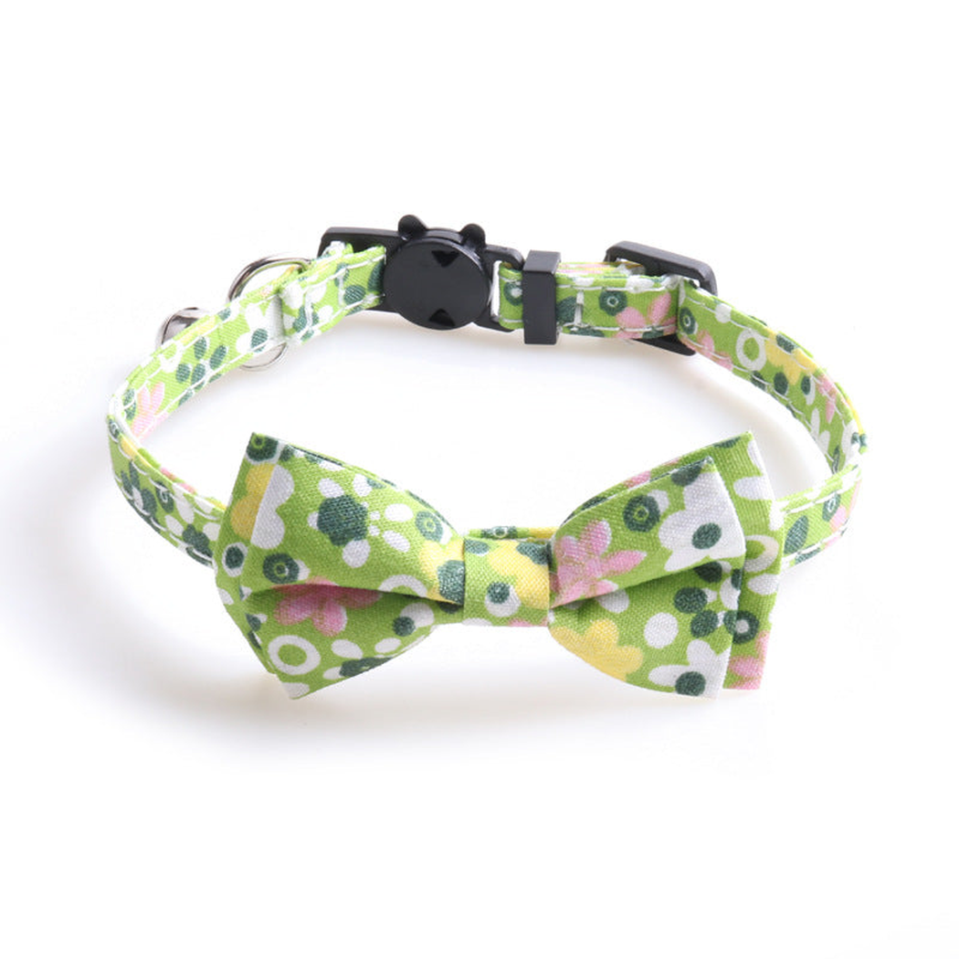 Green floral bow cat collar, front view