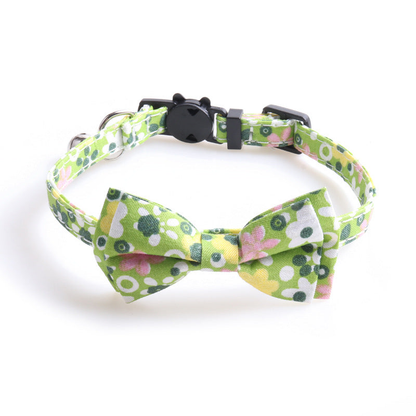 Green floral bow cat collar, front view