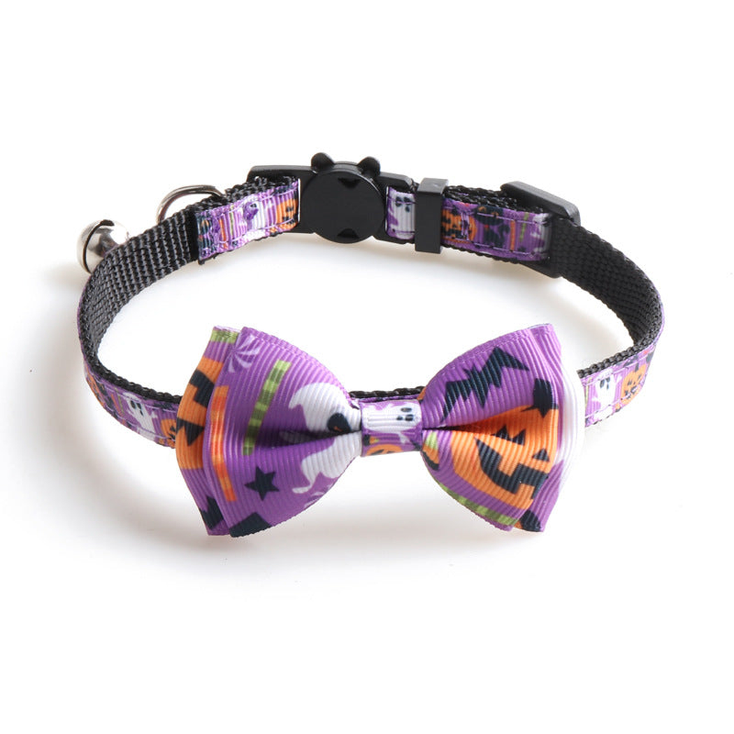 Purple pumpkin, ghost and bat print bow cat collar