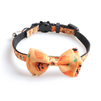 Orange-yellow pumpkin print bow cat collar