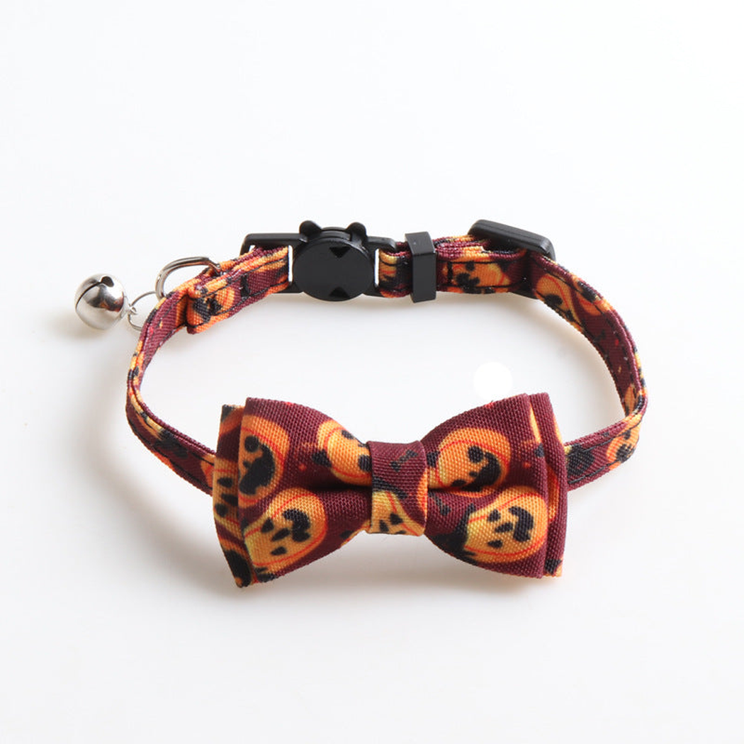 Orange and black pumpkin-print bow cat collar with bell