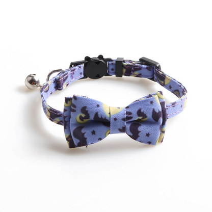 Light purple cat-and-bat-print bow cat collar with bell