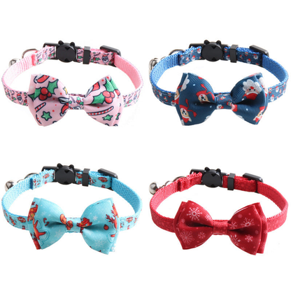 Four patterned bow cat collars displayed together