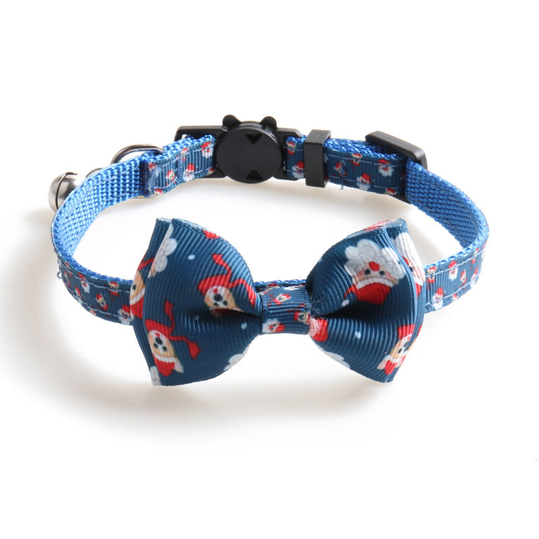 Navy Santa and reindeer-pattern bow cat collar with bell and cat-face clasp