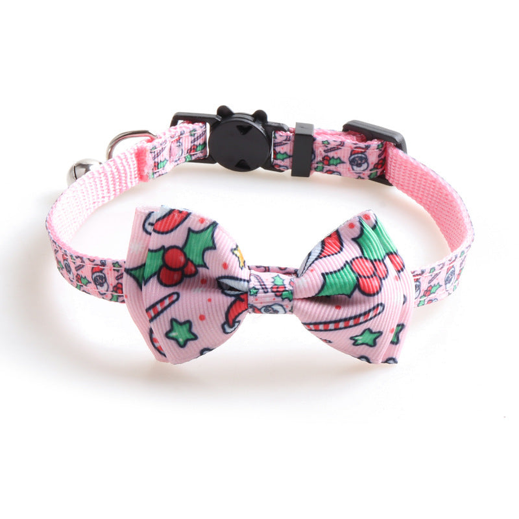 Light pink Santa and candy cane-pattern bow cat collar with bell and cat-face clasp