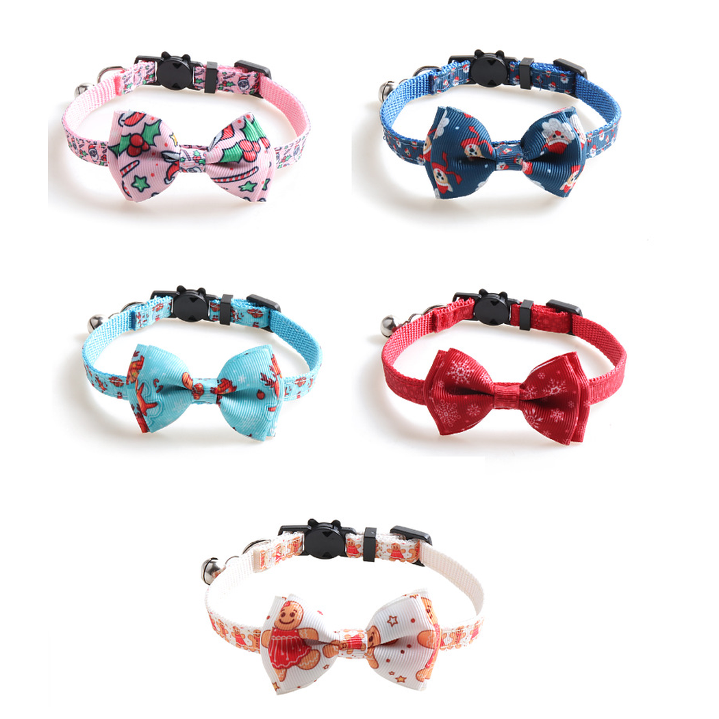 Five patterned bow cat collar variants displayed together