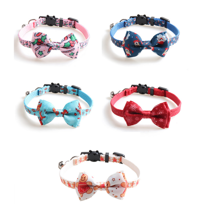 Five patterned bow cat collar variants displayed together