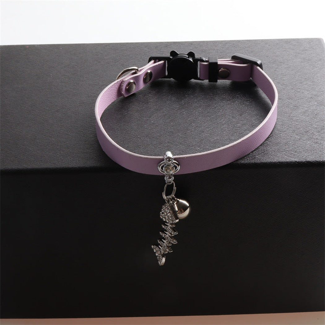Light purple cat collar with bell and dangling fishbone charm