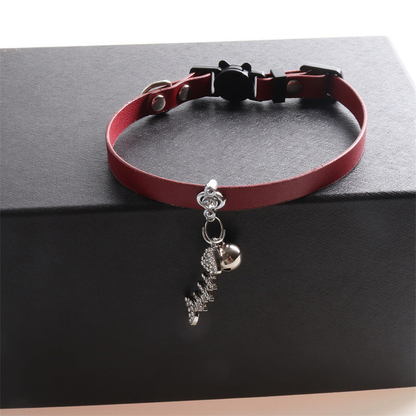 Burgundy cat collar with bell and dangling fishbone charm