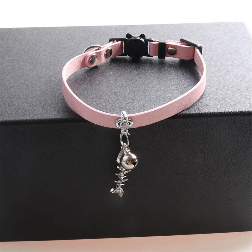 Light pink cat collar with bell and dangling fishbone charm
