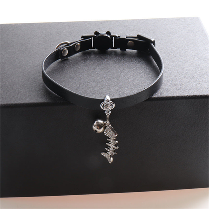 Black cat collar with bell and dangling fishbone charm