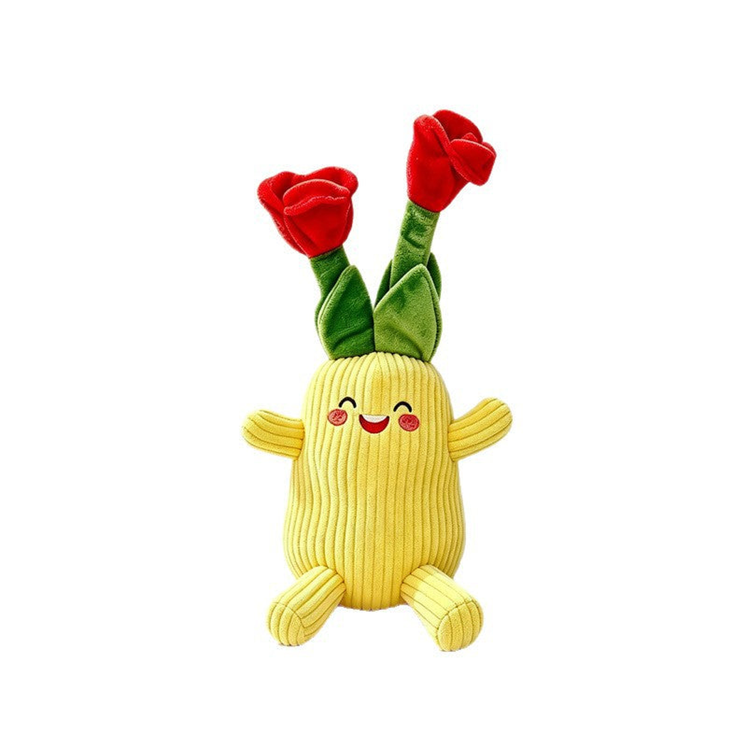 Yellow flower-character dog toy with two red blooms, front view