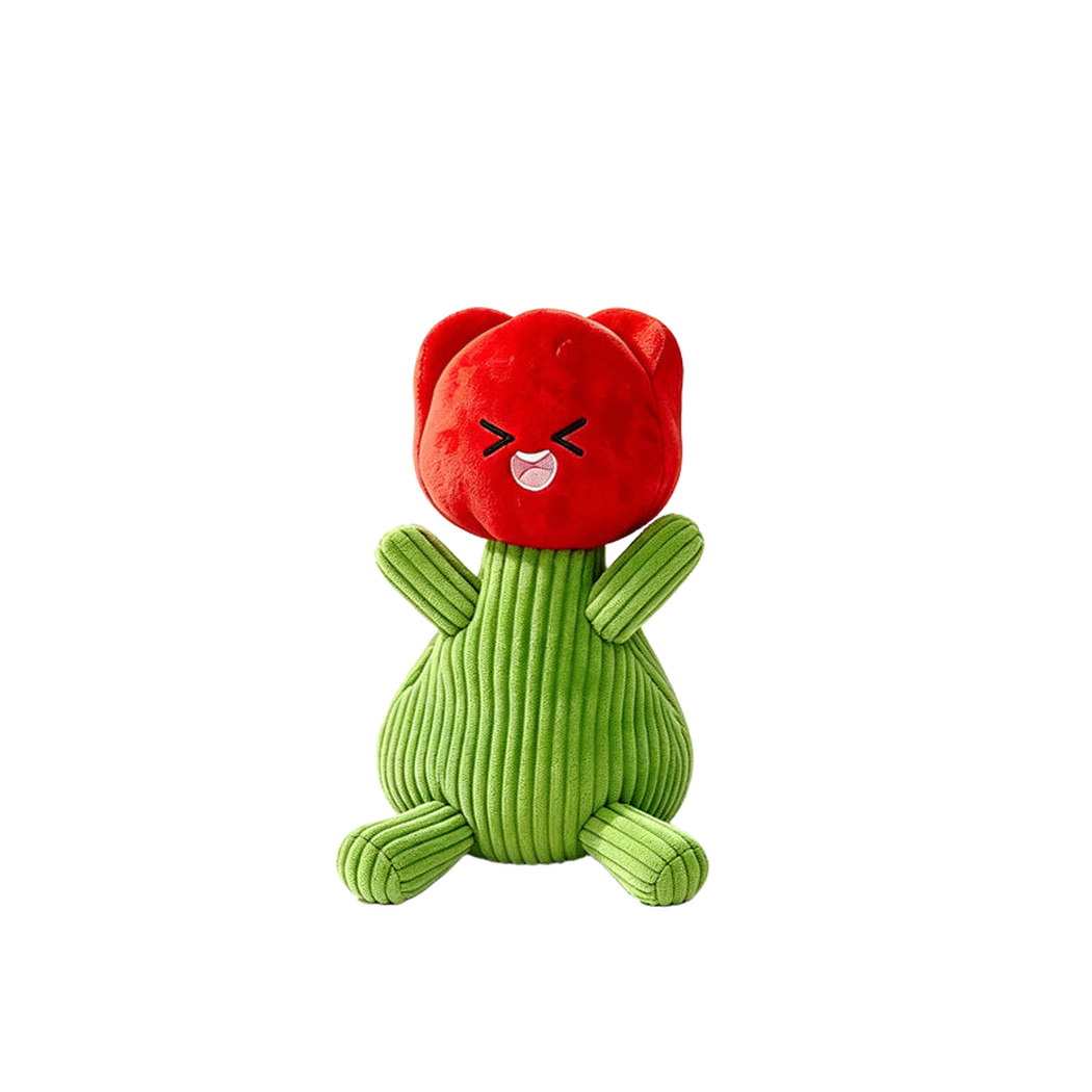 Green flower-character dog toy with a red bloom, front view