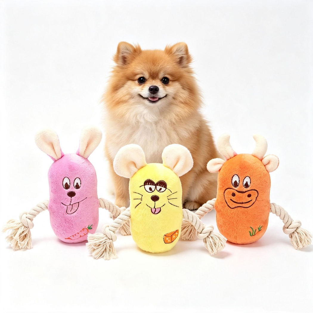Purple rabbit, yellow mouse, and orange cow dog toys displayed with a Pomeranian