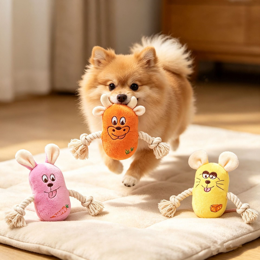 Pomeranian carrying the orange cow dog toy beside the purple rabbit and yellow mouse designs