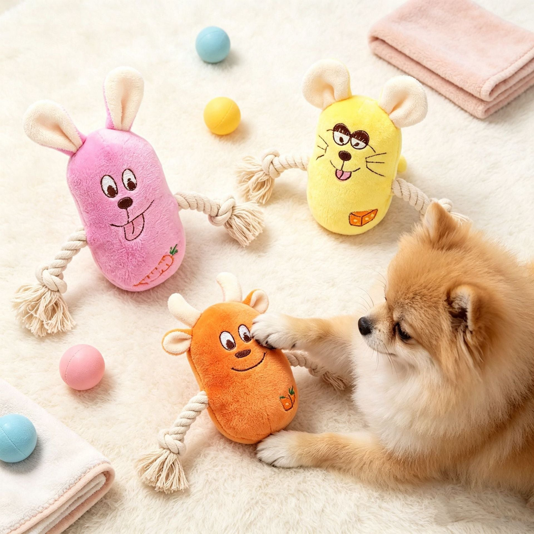 Top view of a Pomeranian playing with three animal character dog toys