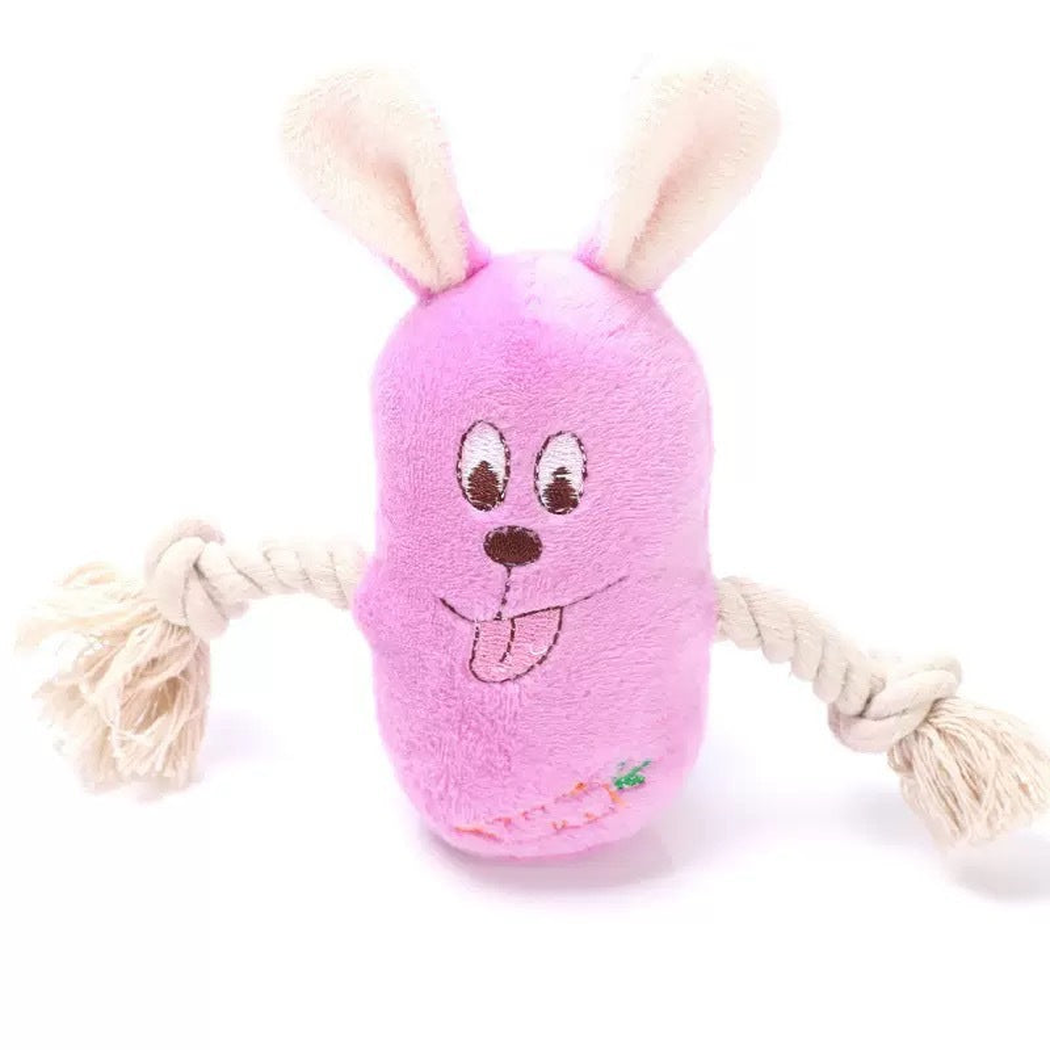 Light purple rabbit character dog toy with knotted rope arms, front view